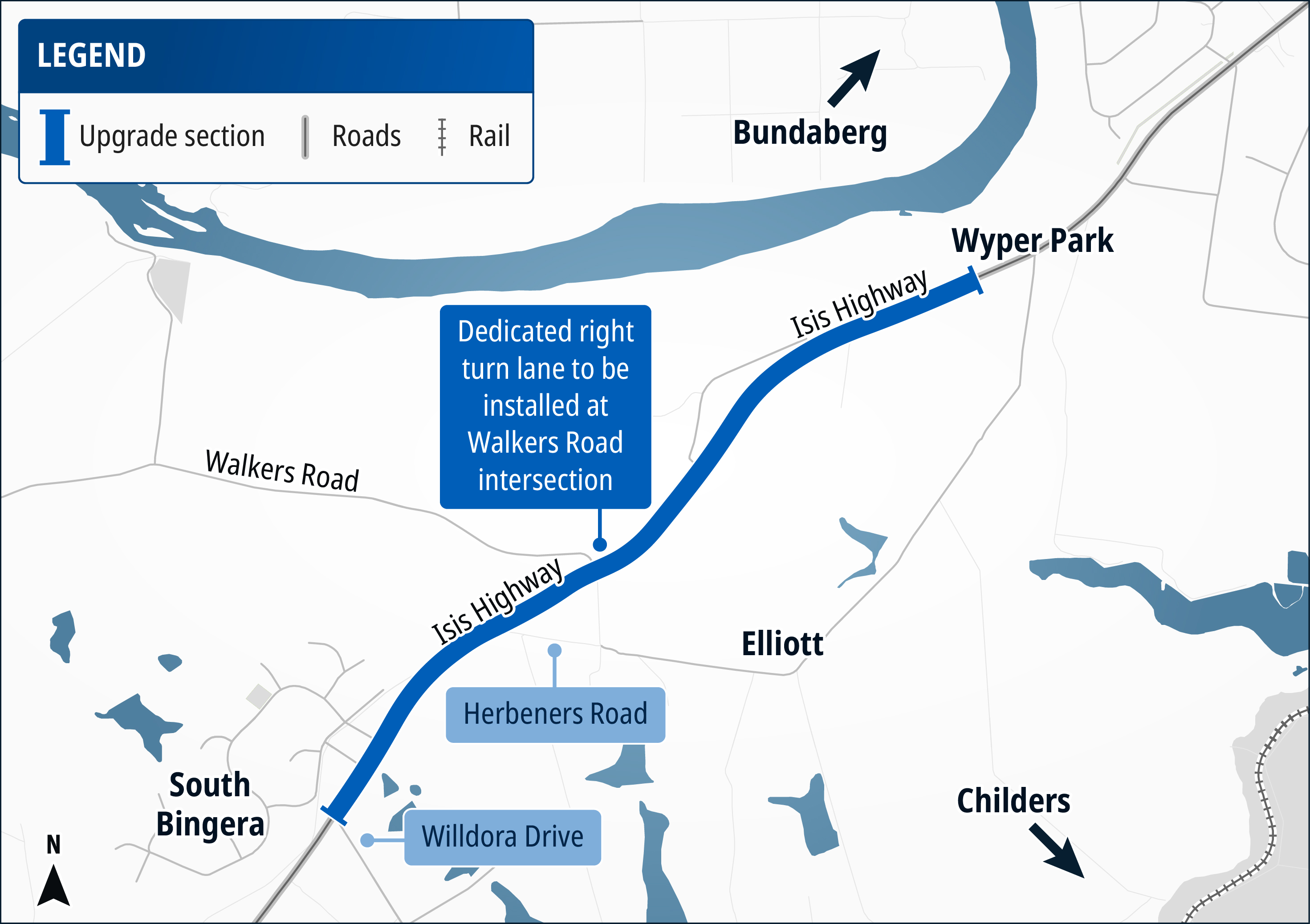 Isis Highway (Bundaberg–Childers) Wyper Park to Willdora Drive (South Bingera), undertake safety improvements project map