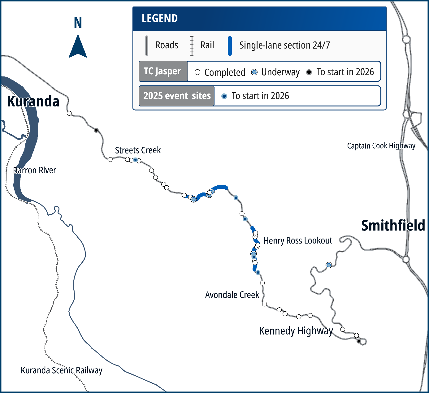 Map showing the first three priority sites where Kuranda Range Road cyclone reconstruction works started in November 2024.
