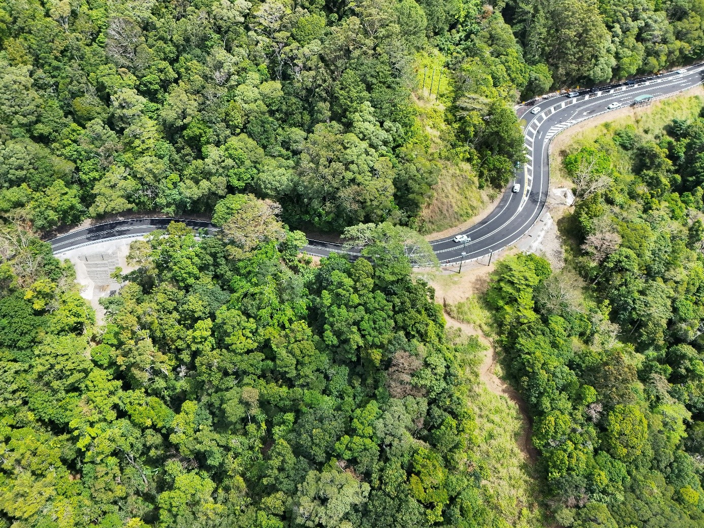 An 11-metre-high gabion basket wall completed as part of stabilisation works on major downslope slip below Henry Ross Lookout, Kuranda Range Road.