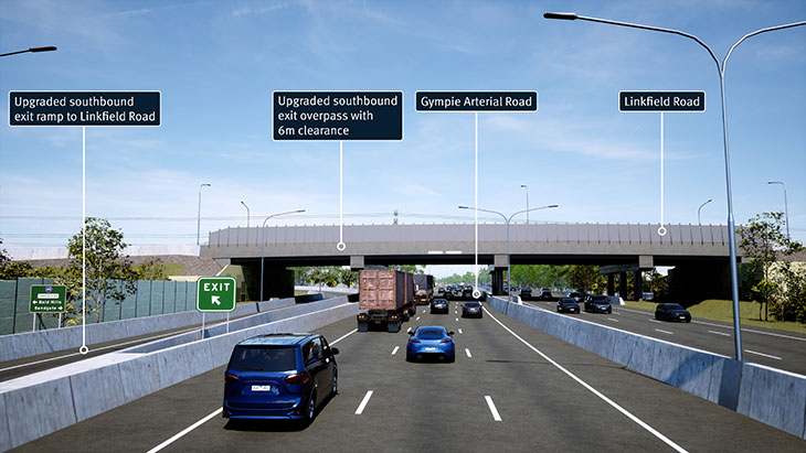 View of Linkfield Rd Overpass from Gympie Arterial Rd from southbound lanes