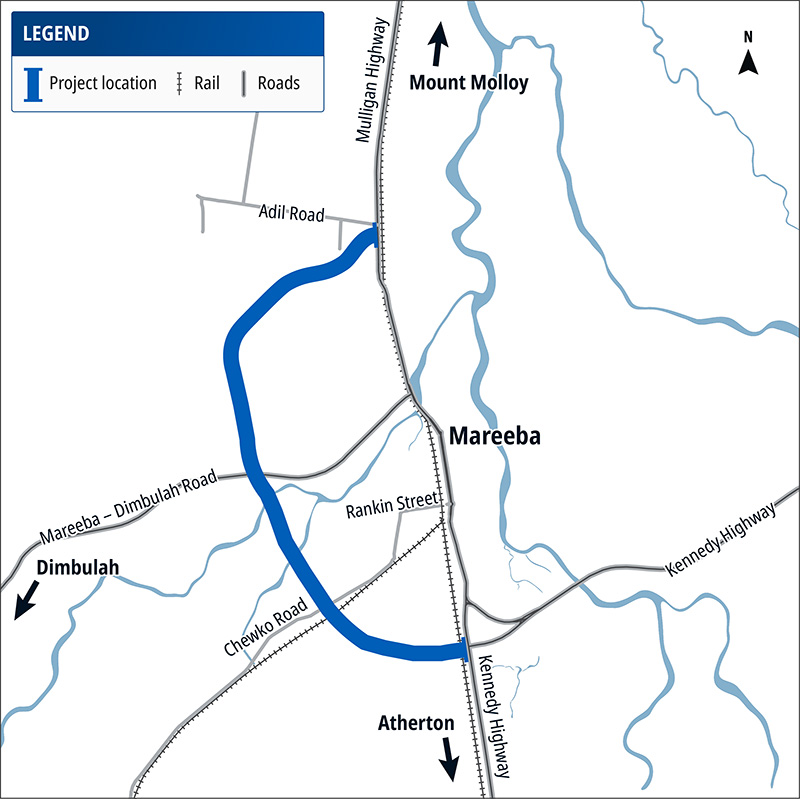 Map showing the location of the northern section of the proposed Mareeba Bypass and southern section of the proposed Mareeba Bypass