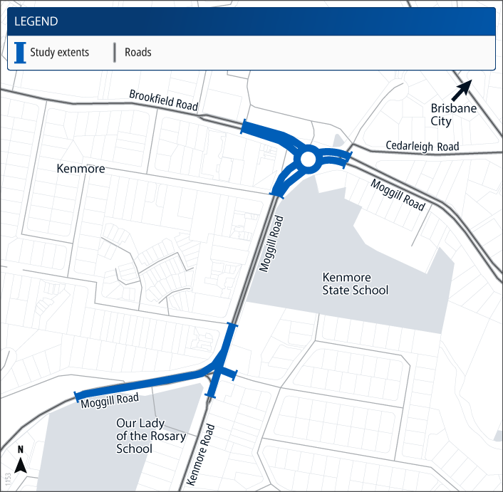 Moggill Sub Arterial Road Kenmore roundabout and Our Lady of the Rosary intersection project map.