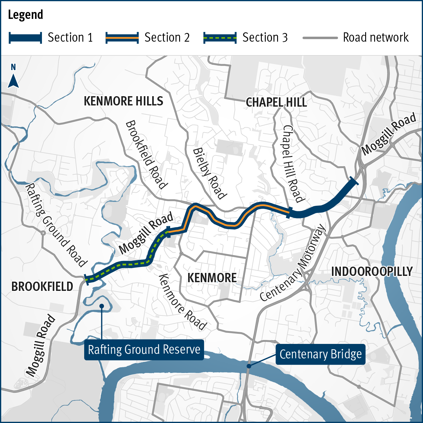 Project location runs along Moggill Road from the intersection of Rafting Ground Road and Moggill Roadd to the Centenary Motorway