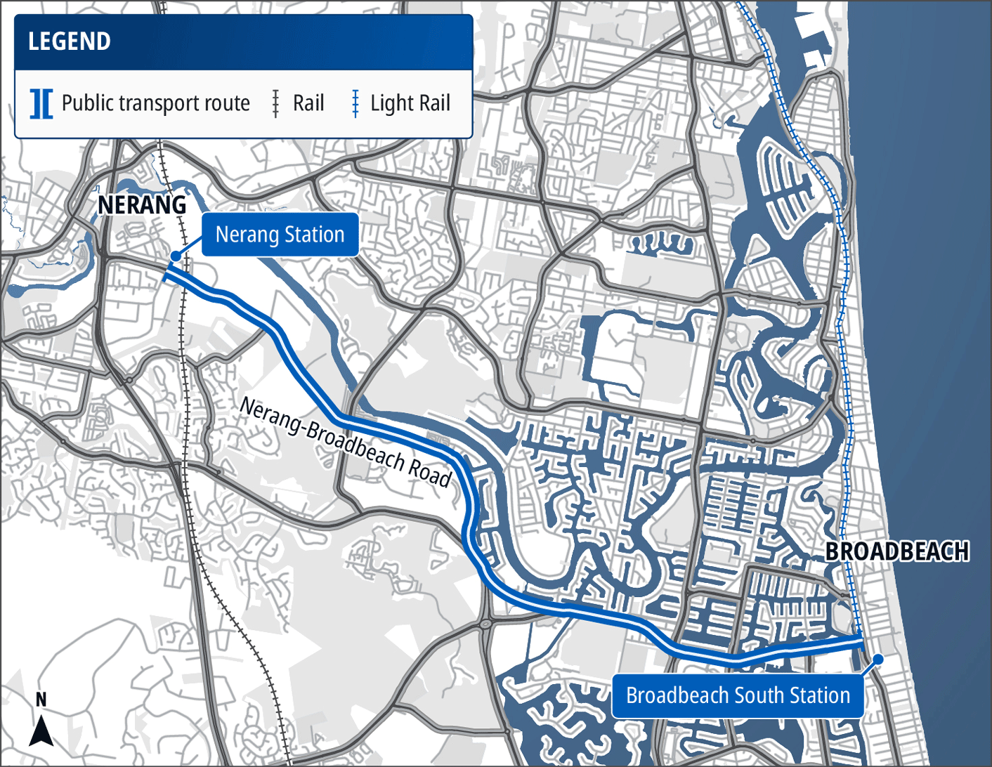 A map of the Gold Coast highlighting Nerang Broadbeach Road between Nerang Station (Heavy Rail) and Broadbeach South (light rail).