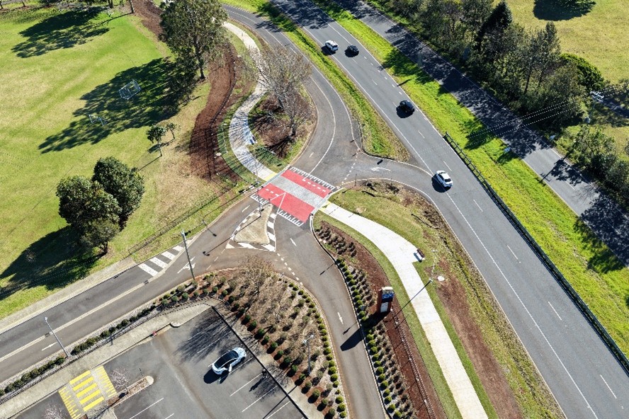 Aerial view of a section of Stage 2 of the bikeway, July 2025.