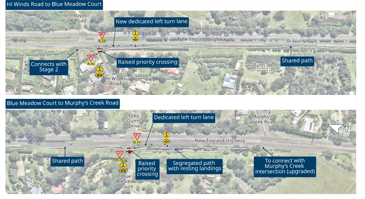 Proposed design concept for the New England Highway Bikeway Stage 3 between Hi Winds Road and Murphys Creek Road.