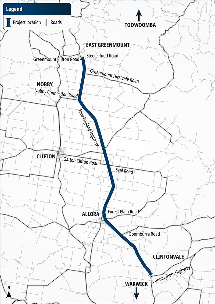 Map of the project area where the department is designing safety improvements for sections of the New England Highway, between East Greenmount and the Cunningham Highway intersection at Eight Mile, 12 kilometres north of Warwick.