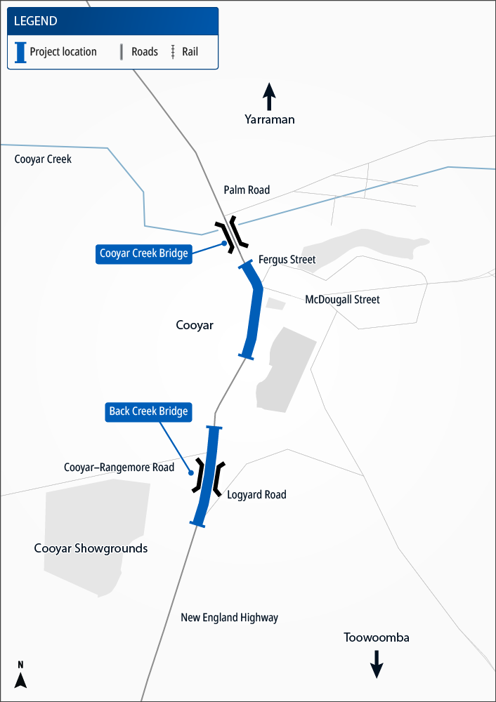 Map showing the location of New England Highway Yarraman Toowoomba Back Creek bridge upgrade bridge and approaches planning project.