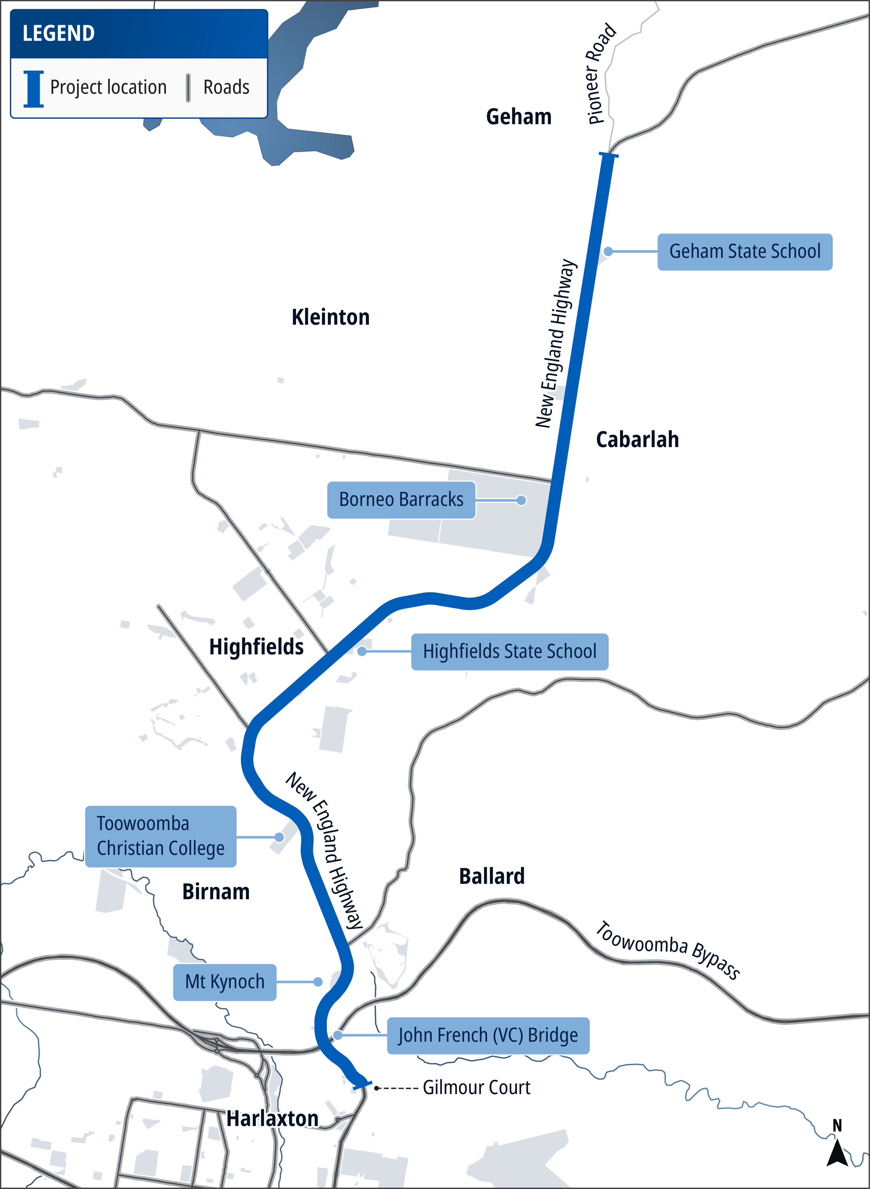 Map of the project area where we are investigating future infrastructure upgrades on the New England Highway, between Pioneer Road, Geham and Harlaxton in Toowoomba.  