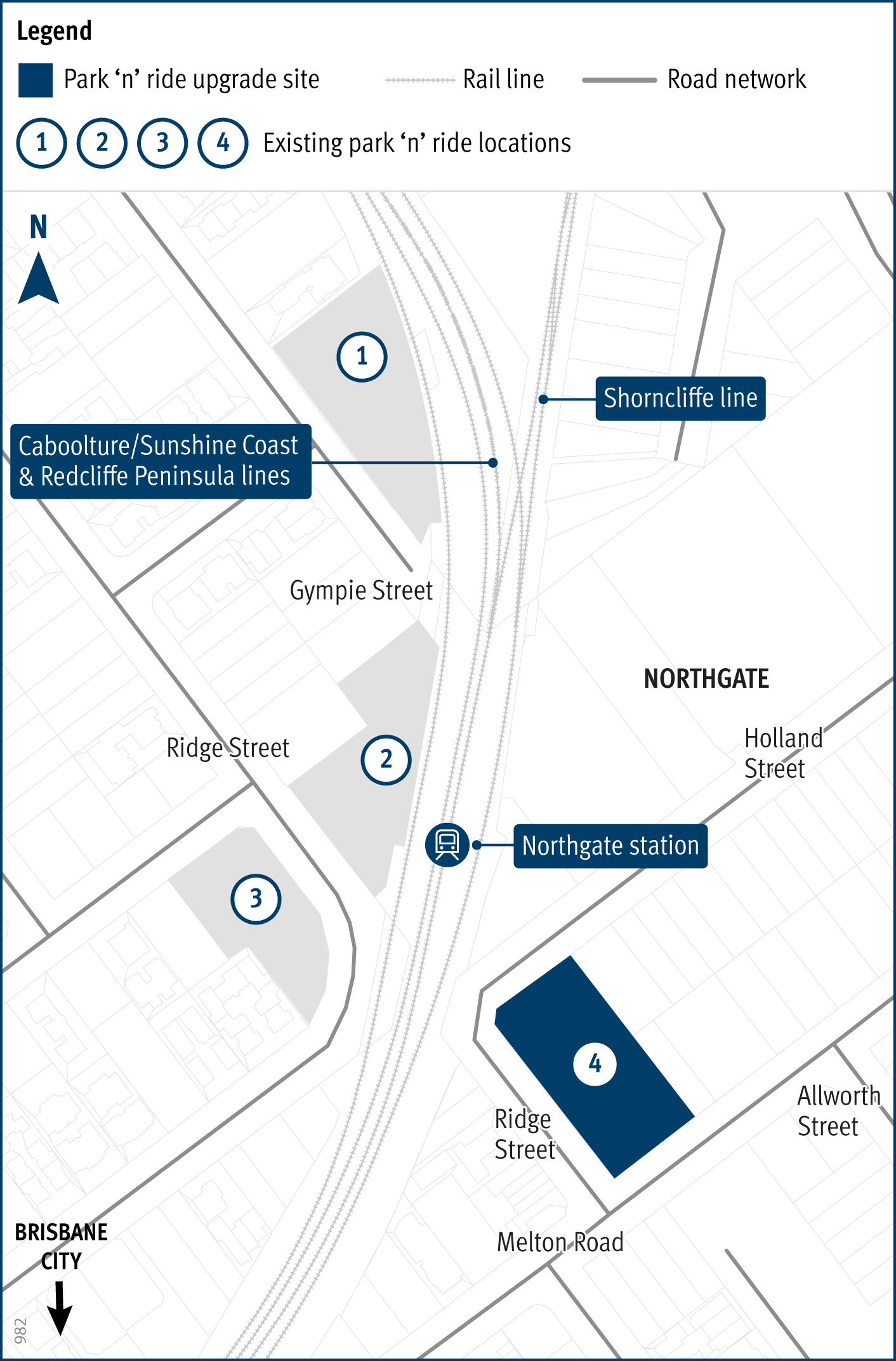 
The map shows Northgate station and the surrounding streets and parking area. The station is on the Shorncliffe line and the Caboolture/Sunshine Coast and Redcliffe Peninsula lines.
The surrounding streets include Gympie Street Ridge Street, Holland Street, Ridge Street, Melton Road and Allworth Street. There are 4 existing park 'n' ride locations near the station.