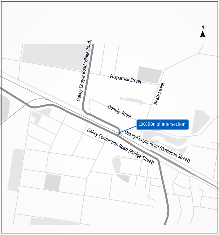 Map of existing intersection between Oakey–Cooyar Road and Oakey Connection Road, which incorporates an open level rail crossing.