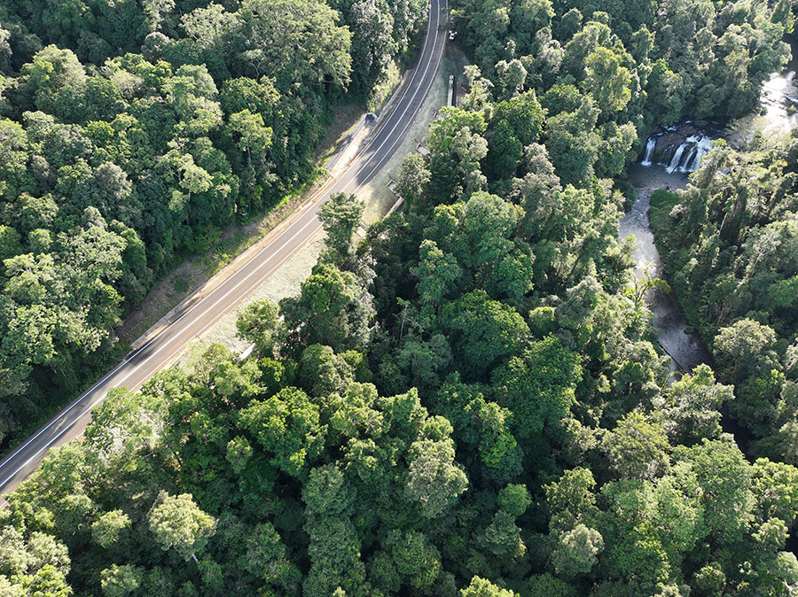Aerial view of a winding road cutting through dense green forest with a small waterfall nearby.