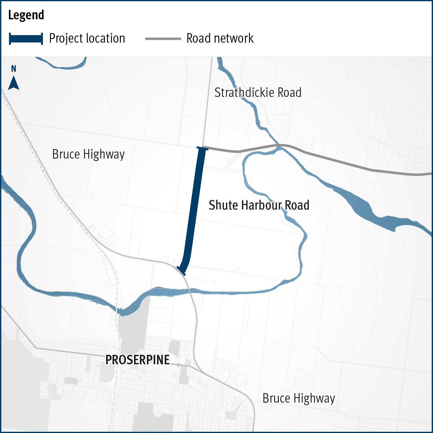 Map showing project location of Proserpine – Shute Harbour Road, Hamilton Plains, flood immunity upgrade.