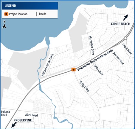 Project location along Proserpine-Shute Harbour Road from the roundabout at Tropic Road to the intersection at Paluma Road and Abell Road.