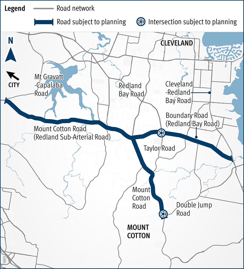 Map showing roads subject to planning including, Mount Cotton Road (Duncan Road to Double Jump Road), Redland Bay Road (Tingalpa Creek to Cleveland-Redland Bay Road), and Redland Sub-Arterial Road (Mount Gravatt-Capalaba Road to Tingalpa Creek).