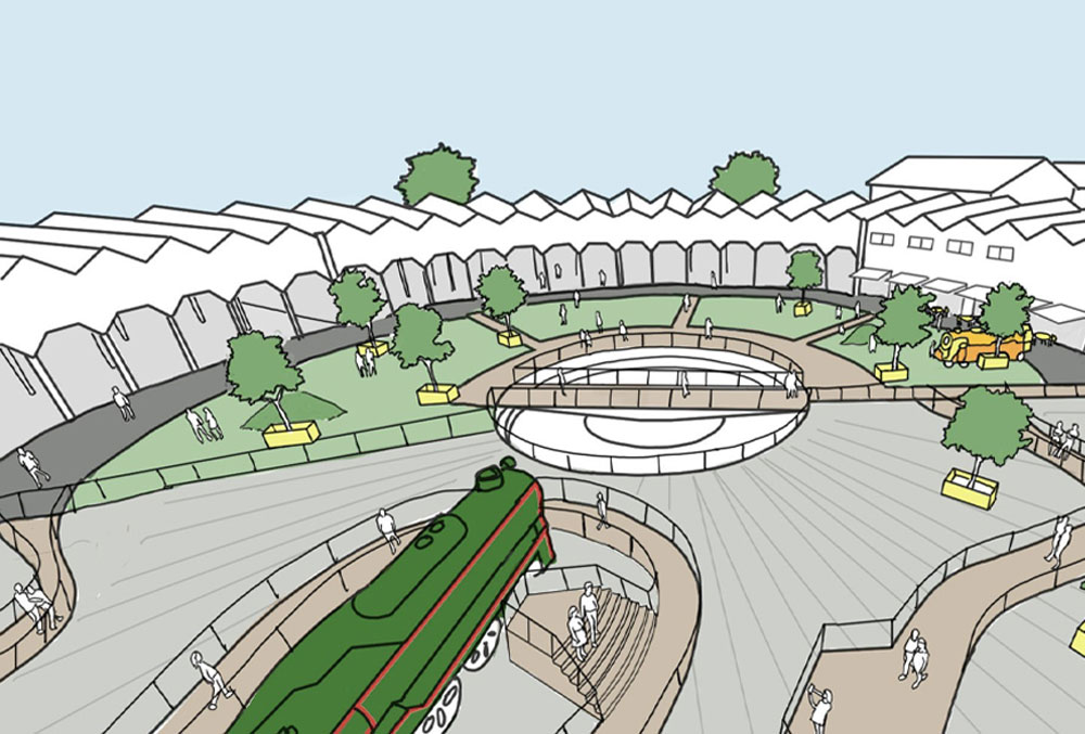 Artist's impression of the proposed rejuvenated internal sections of the roundhouse including stationary turntable and children's playground