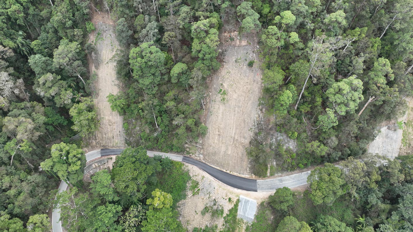 Aerial view of completed Gold Coast–Springbrook Road slope stabilisation works 