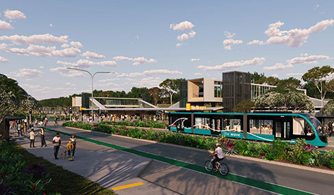 Artist’s impression of the future Birtinya Station, featuring a turquoise metro bus on the right, with people walking and cycling on the left, and the station building visible in the background.