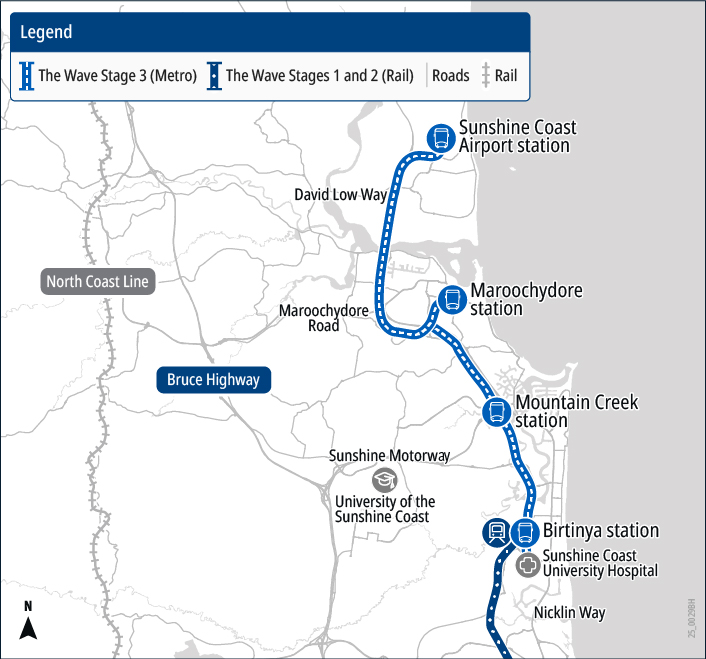 Map of The Wave Stage 3 Sunshine Coast Metro, showing stations at Sunshine Coast Airport, Maroochydore, Mountain Creek, and Birtinya