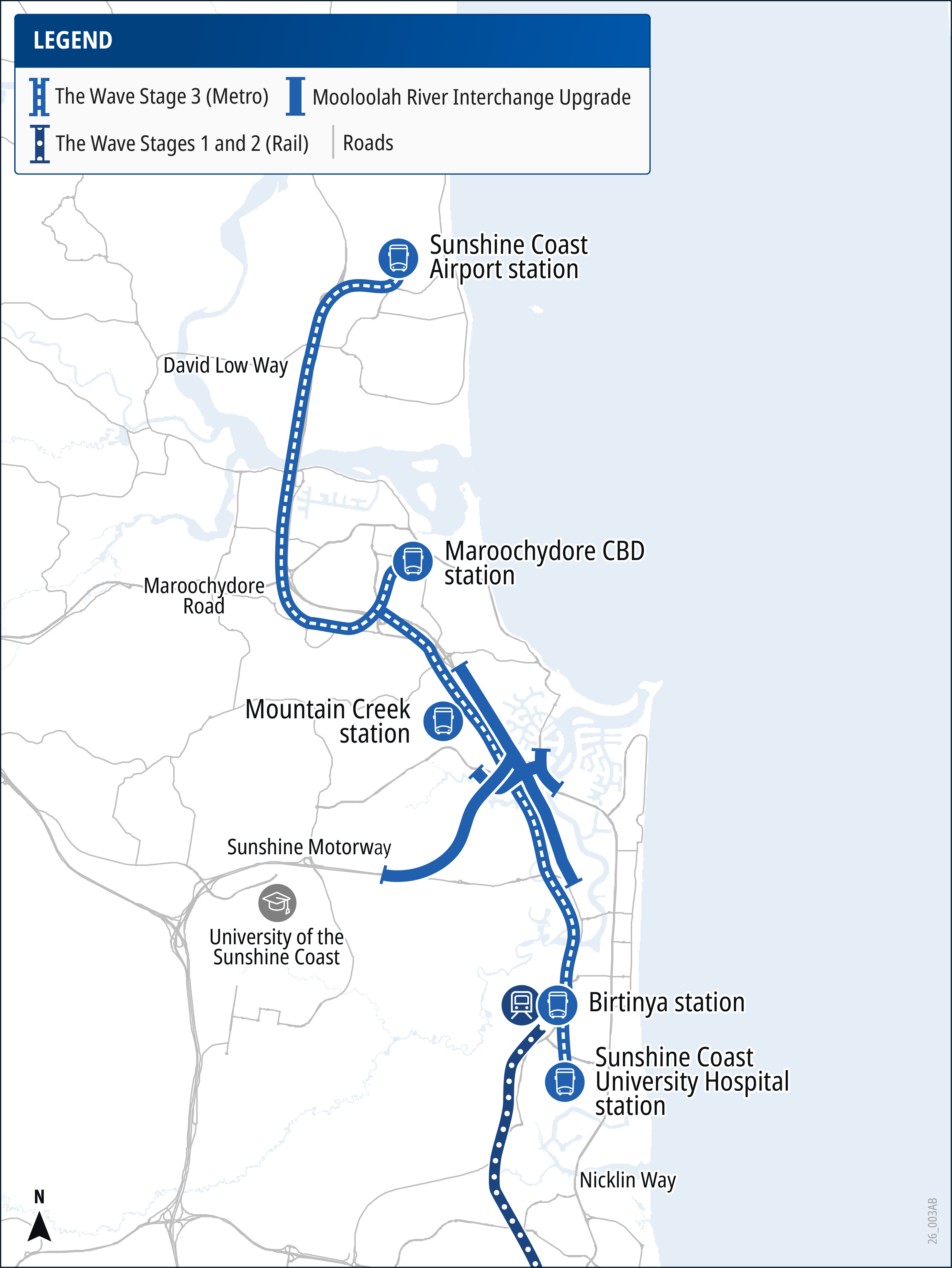 Map of The Wave Stage 3 Sunshine Coast Metro, showing stations at Sunshine Coast Airport, Maroochydore, Mountain Creek, and Birtinya