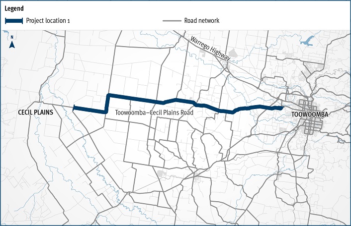 Map of the project area where the department is designing safety improvements for Toowoomba–Cecil Plains Road from the Carrington Road, Troys Road and Heinemann Road roundabout, Torrington and Warfields Branch Road, Cecil Plains.