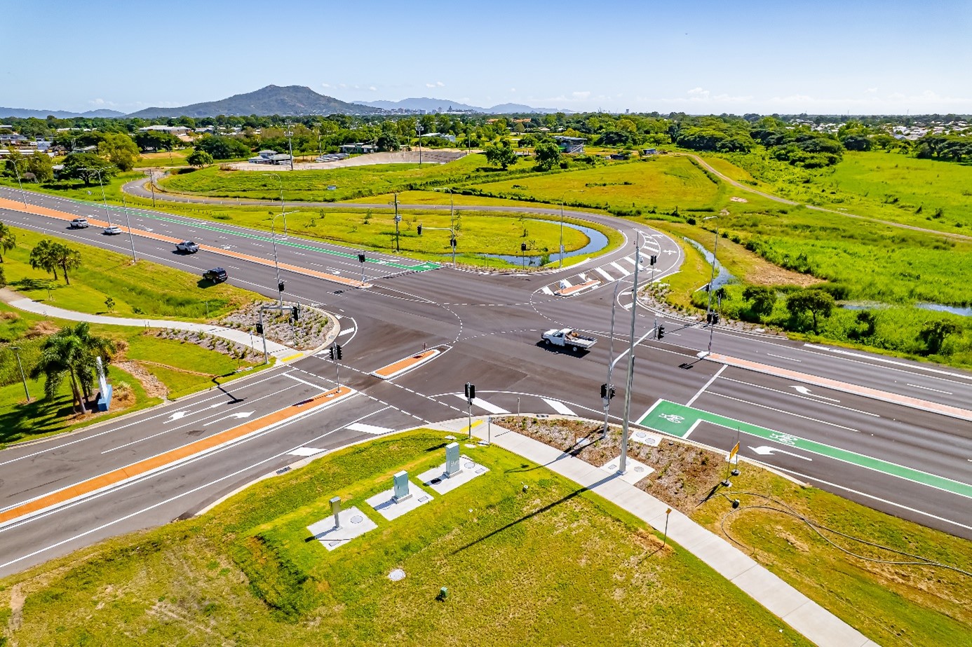 Aerial view of Stuart Drive and Gartrell Drive intersection in Townsville.