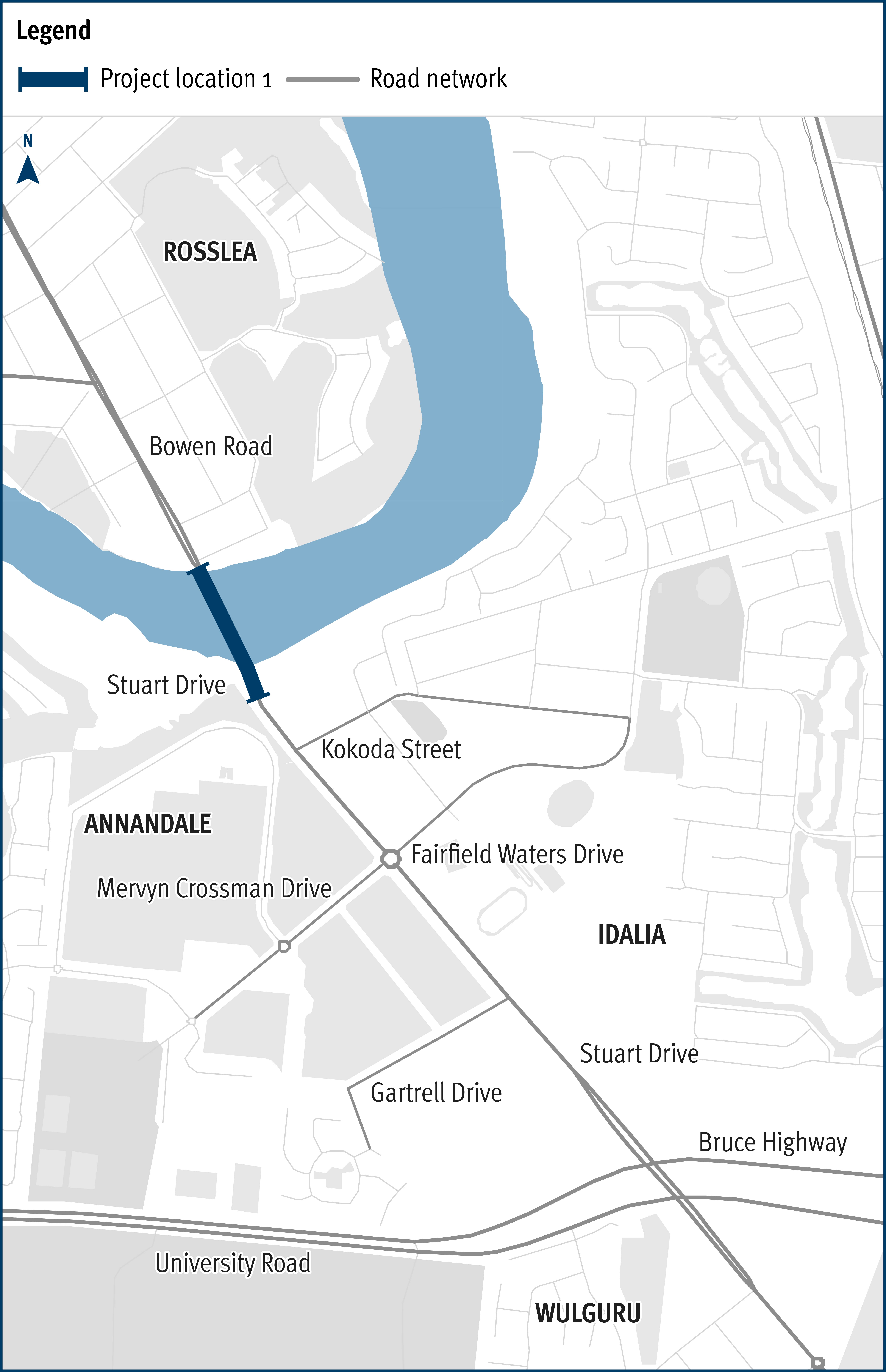 The map shows the locality of the existing and future Bowen Road Bridge, over the Ross River, from the southern approach through Stuart Drive north through to Bowen Road, through the Townsville suburbs of Wulguru, Idalia, Annandale and Rosslea. A  grey line indicates the Bruce Highway and University Road, which is bisected by Stuart Drive and the intersections of Gartrell Drive, Mervyn Crossman Drive/Fairfield Waters Drive and Kokoda Street.  A solid dark blue line indicates the project area of the Bowen Road Bridge, over the river, shaded light blue. 