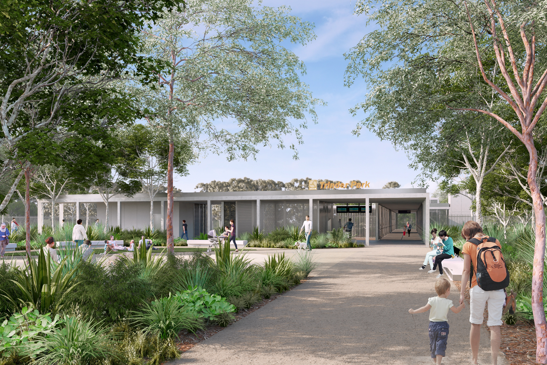 Concept render of the proposed new Trinder Park station showing the Translink logo and Trinder Park sign on the front. Image is looking from Alexander Street with people out the front of the new station building and a train pulled up at a platform.