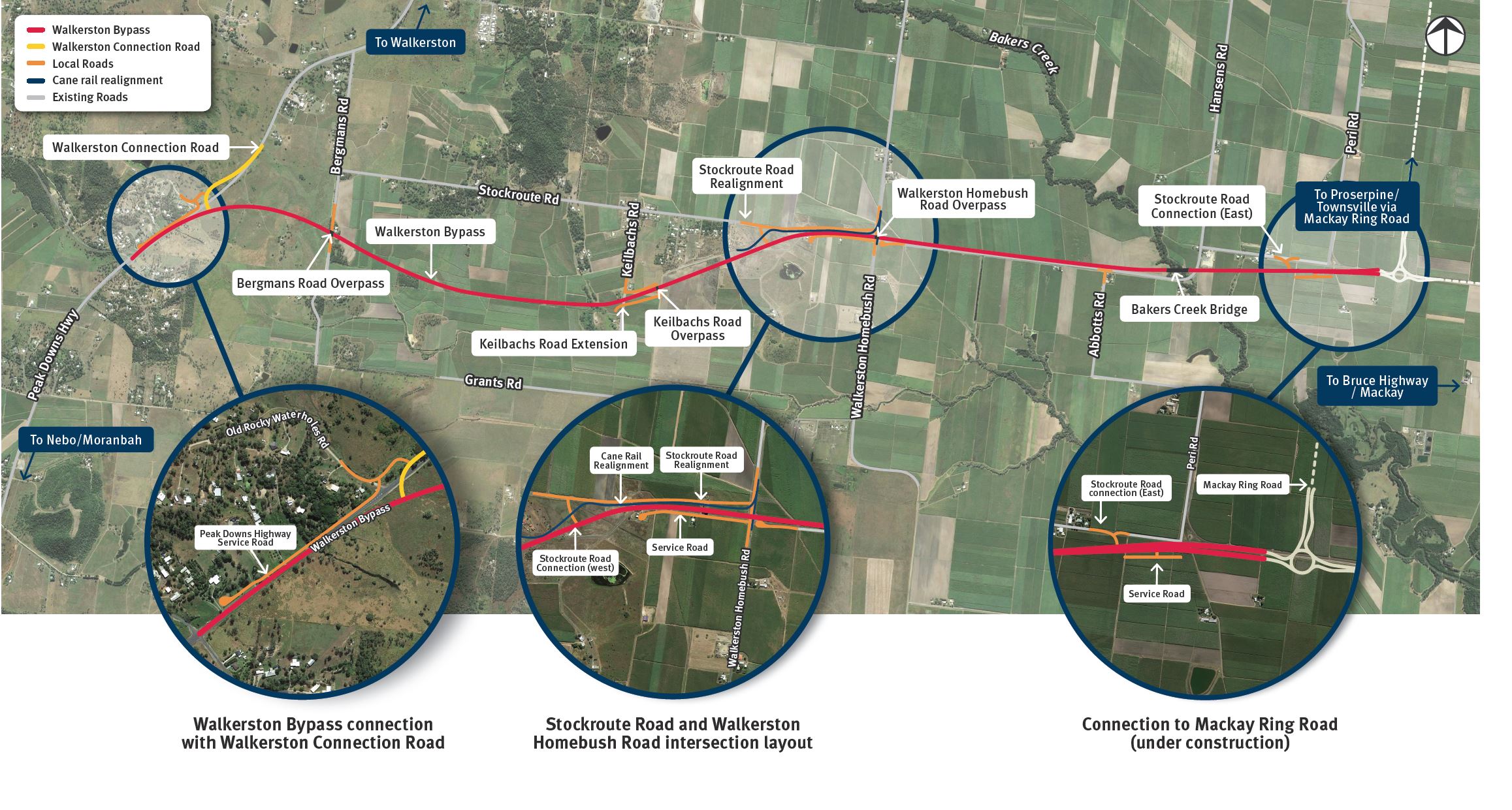 Map of Walkerston Bypass which will deliver a new two-lane westbound rural highway to connect Peak Downs Highway west of Walkerston to the Mackay Ring Road near Paget.