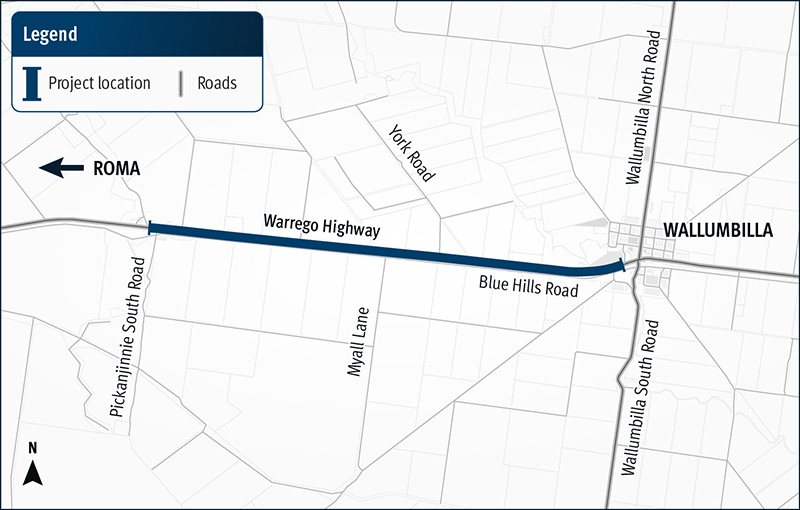 Map of the Warrego Highway near Wallumbilla that illustrates the approximate location of the construction site.