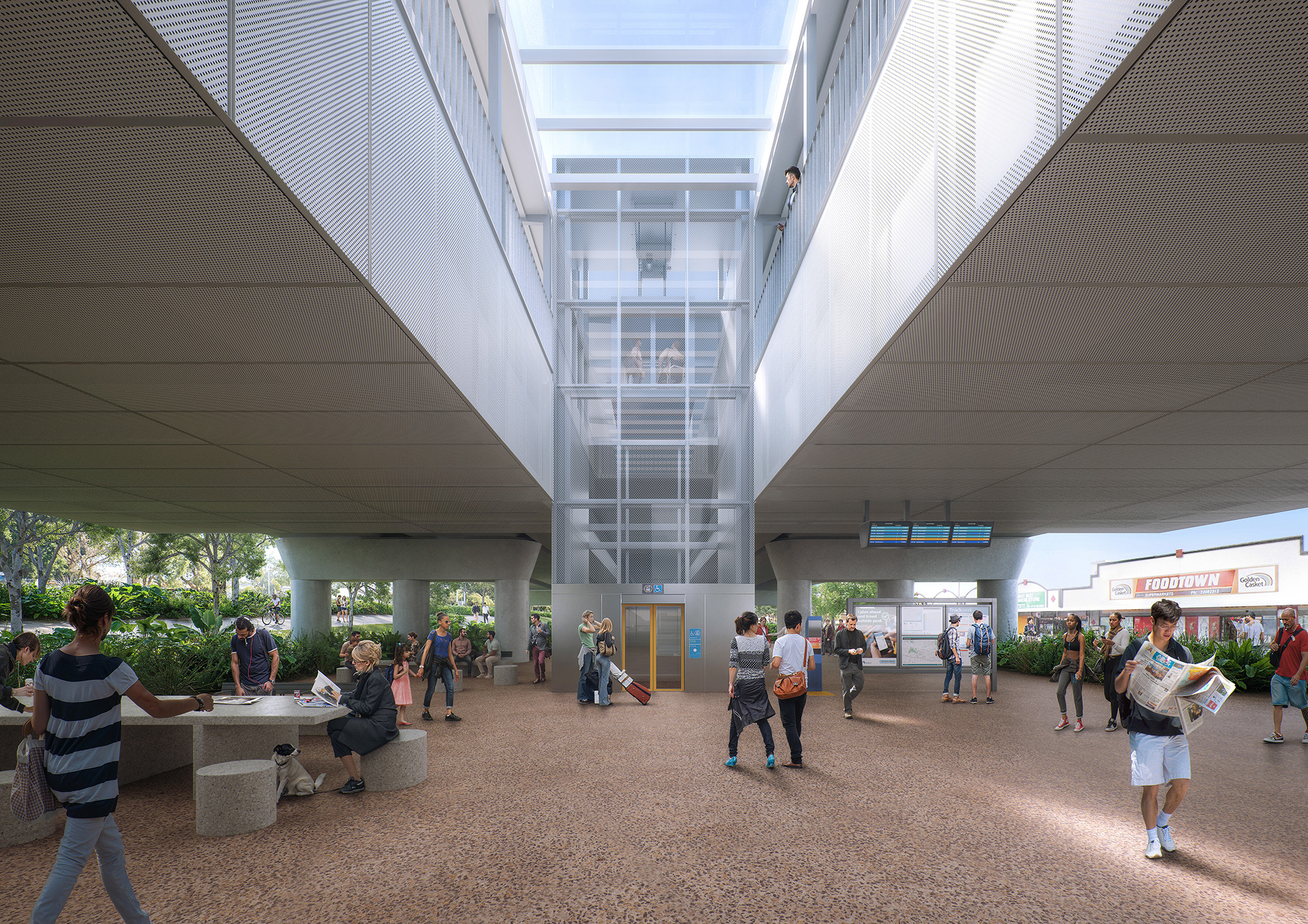 Concept render of the proposed upgraded Woodridge station showing the Translink logo and Woodridge sign on the front. Image is looking from Station Road and shows the new wider underpass with people out the front of the new station building and trains pulled up at the platforms.