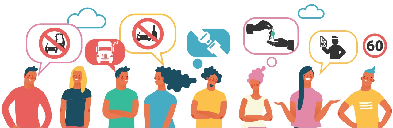 Cartoon people with thought and speech bubbles above their heads