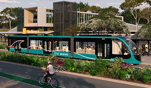 Artist's impression of a metro-style transport service from Birtinya to the Sunshine Coast Airport.