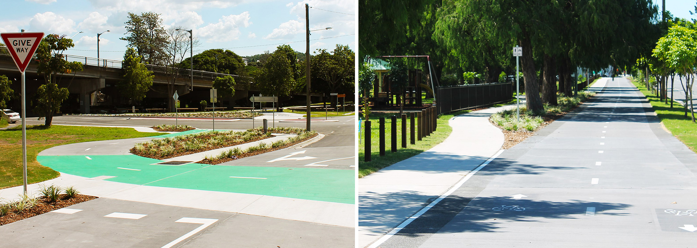 Two images showing completed sections of the North Brisbane Bikeway Stages 2 and 3