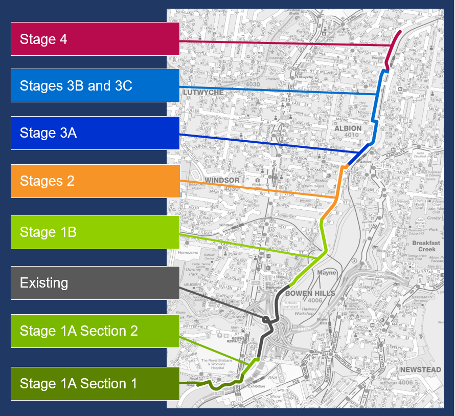 Map showing the alignment and stage 1A (section 1), stage 1A (section 2), existing path, stage 1B, stage 2, stage 3A, stages 3B & 3C and stage 4, of the North Brisbane Bikeway, from Herston to Wooloowin