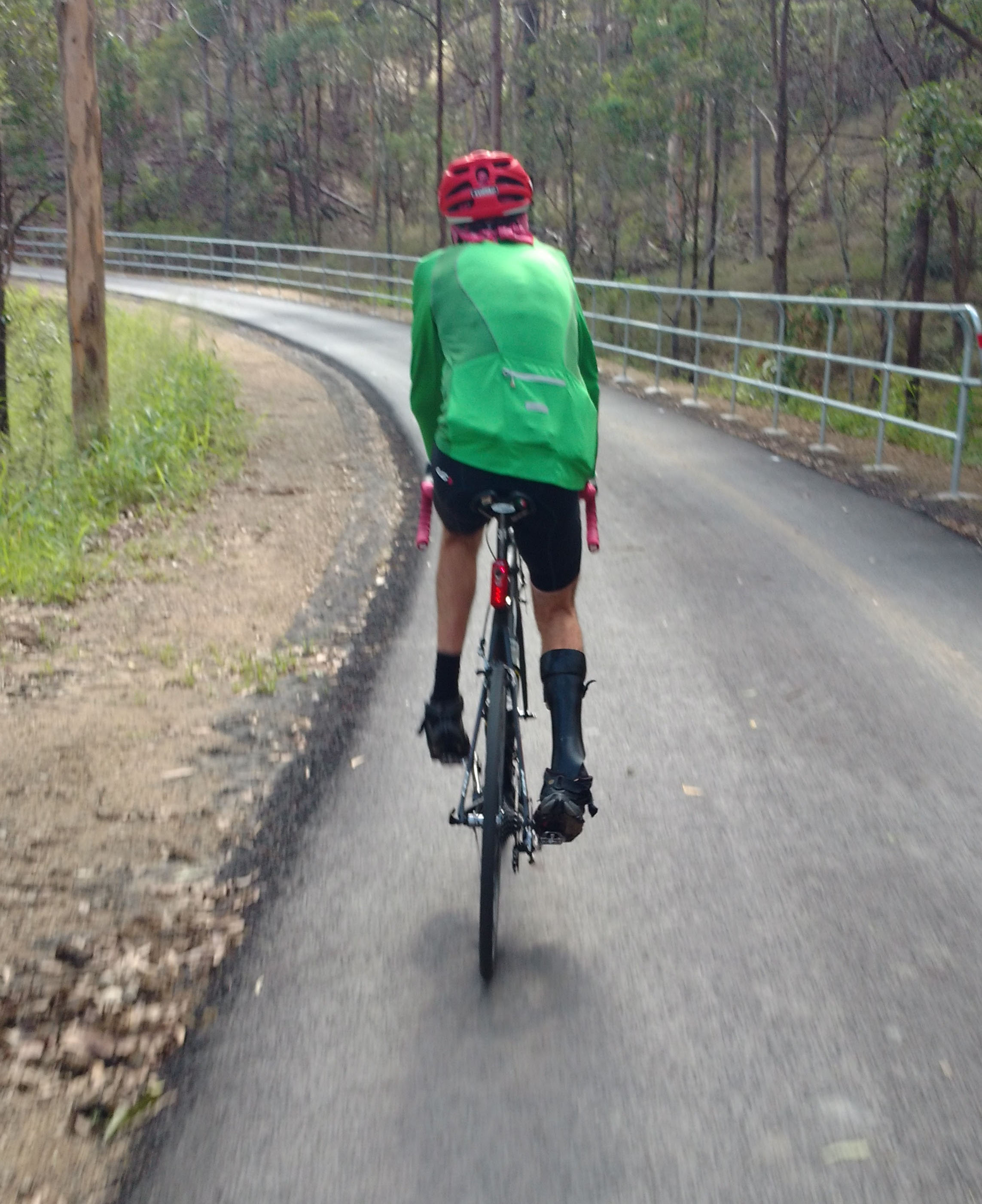 Image from behind of a bike rider cycling up a small slope on the Samford to Ferny Grove Cycle Link