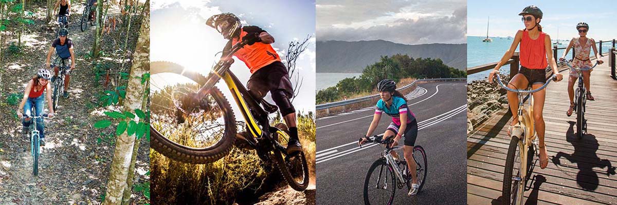 Side-by-side of 4 photos: a line of bike riders riding along a rainforest tracker; a rider in BMX attire viewed from below; a bike rider on a winding coastal road; and 2 bike riders riding along a boardwalk by the ocean.