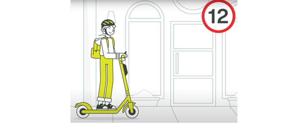 A cartoon figure travelling along a footpath on an e-scooter with a speed limit of 12km/h.