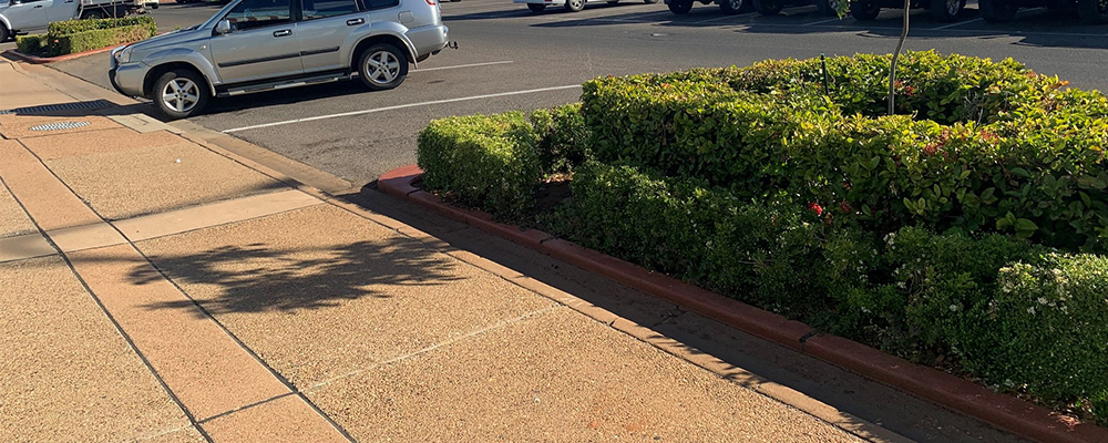 A car park with cars, bushes, trees and local businesses. 